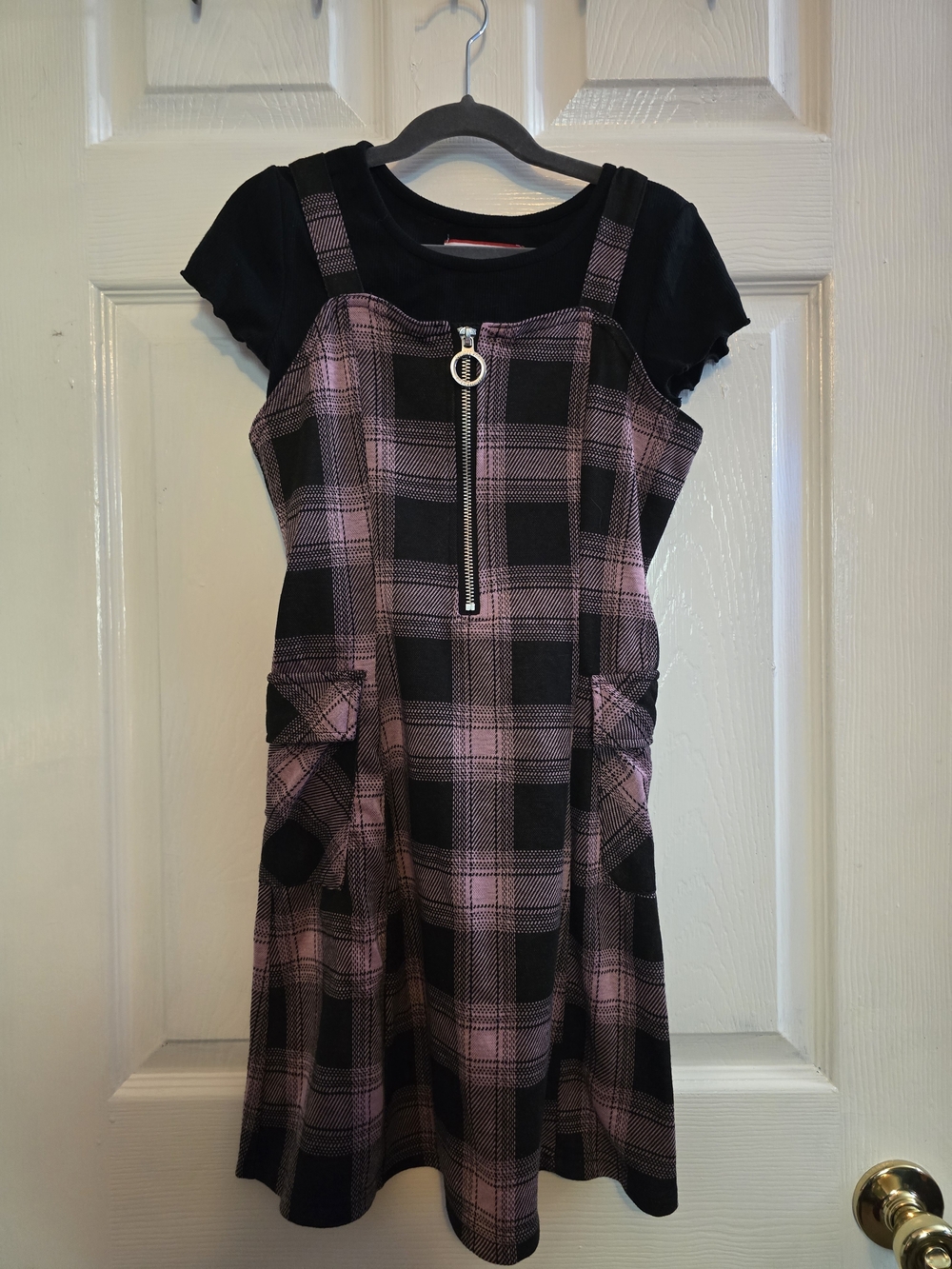 Girl's Limited Too Pink and Black Plaid Pinafore Dress with Front Zip